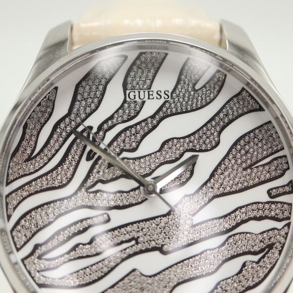 Guess Glitter Zebra Jumbo 44mm Silver Tone Watch White Leather w New Battery main image 7